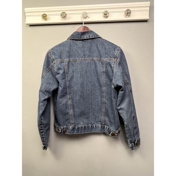 Burpees Denim Jacket Womens Medium Trucker Jean button front floral lined pocket - Picture 2 of 6